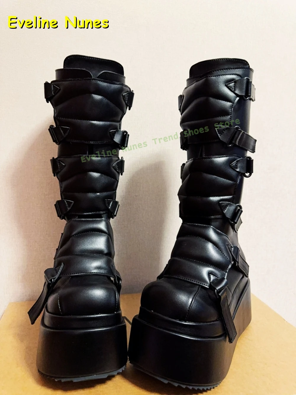 Black Buckle Cyberpunk Y2K Knee High Boots Big Round Toe Thick Sole Height Increase Subculture Style Couple Punk Shoes 2025 New view 5