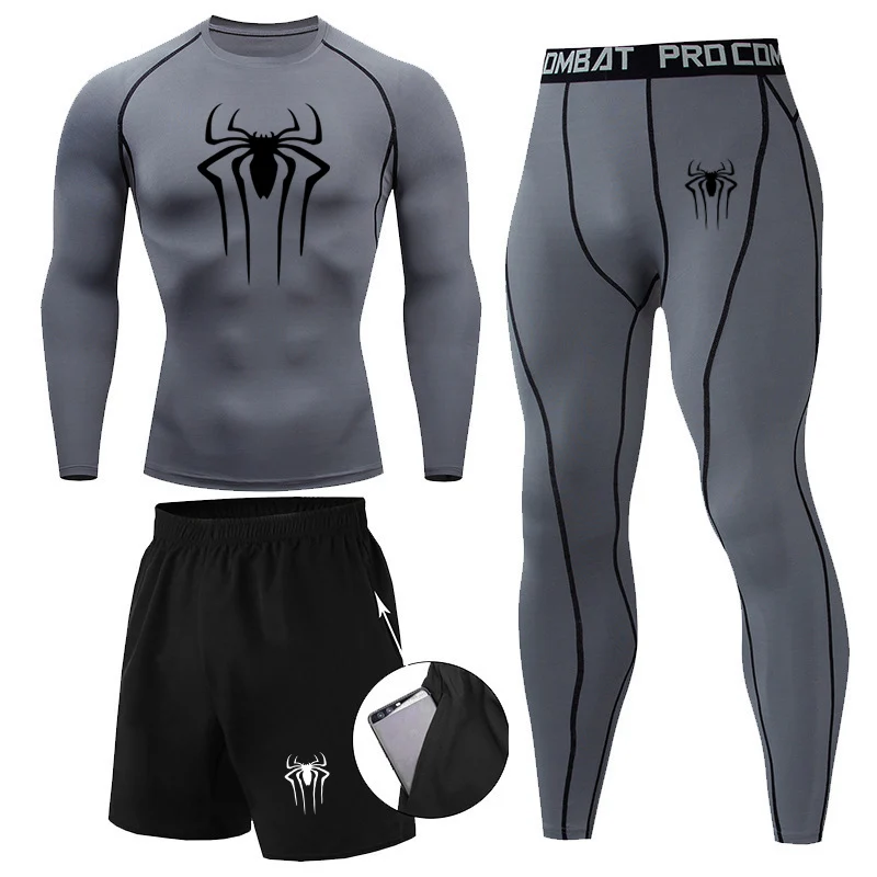 Men 3Pc Set Winter Thermal Underwear Compression Sports Suit Long Johns Clothes Running Tracksuit Wear Exercise Workout Tights