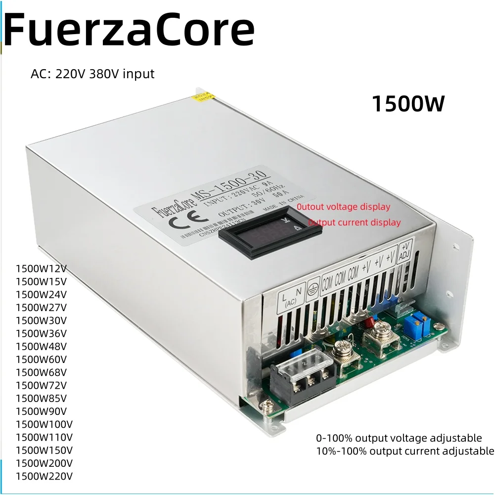 

1500W Adjustable digital display SMPS 0-12V 15V 24V 27V 30V 36V 48V 60V 68V 72V 85V 90V 100V 110V 150V 200V AC-DC LED Motor use