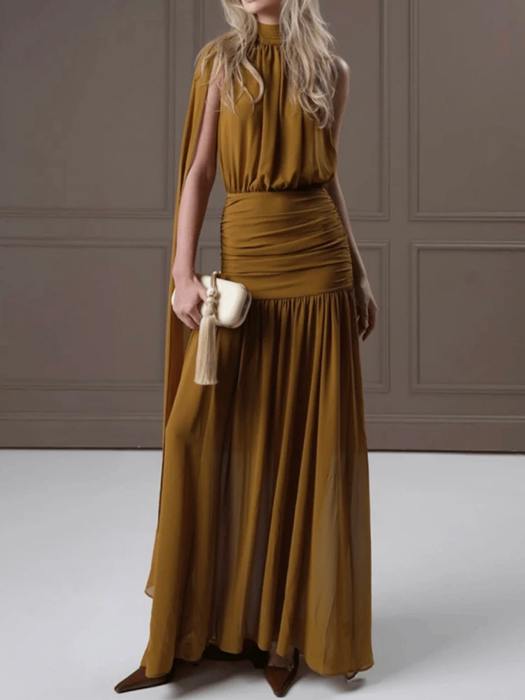 

Trendy Pleated Sleeveless Waist Cinch Dress Lady Sexy Neck Backless Ribbon Dress Elegant Solid Off Shoulder Club Evening Dress