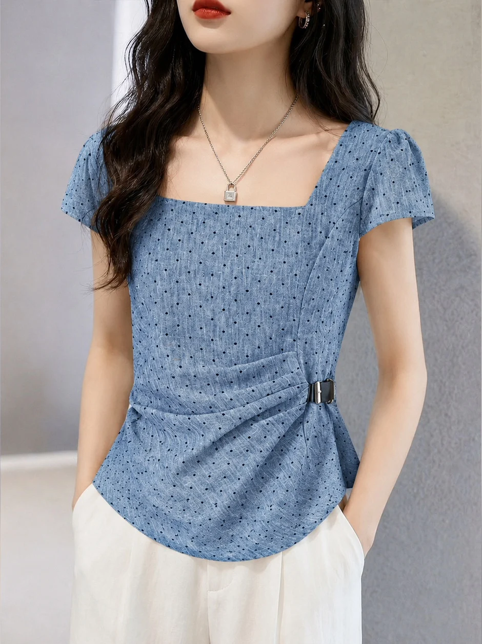 

Fashionable Summer Commute Short Sleeve T-Shirt Women's Waist-Cinching Design Polka Dot Top Korean Style Straight Cut Silk