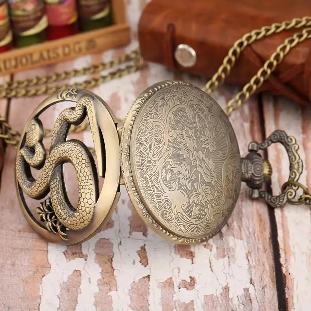 Vintage Animal Steampunk Gift Necklace Pendant Jewelry Accessories Zodiac Snake Quartz Pocket Watch With Chain