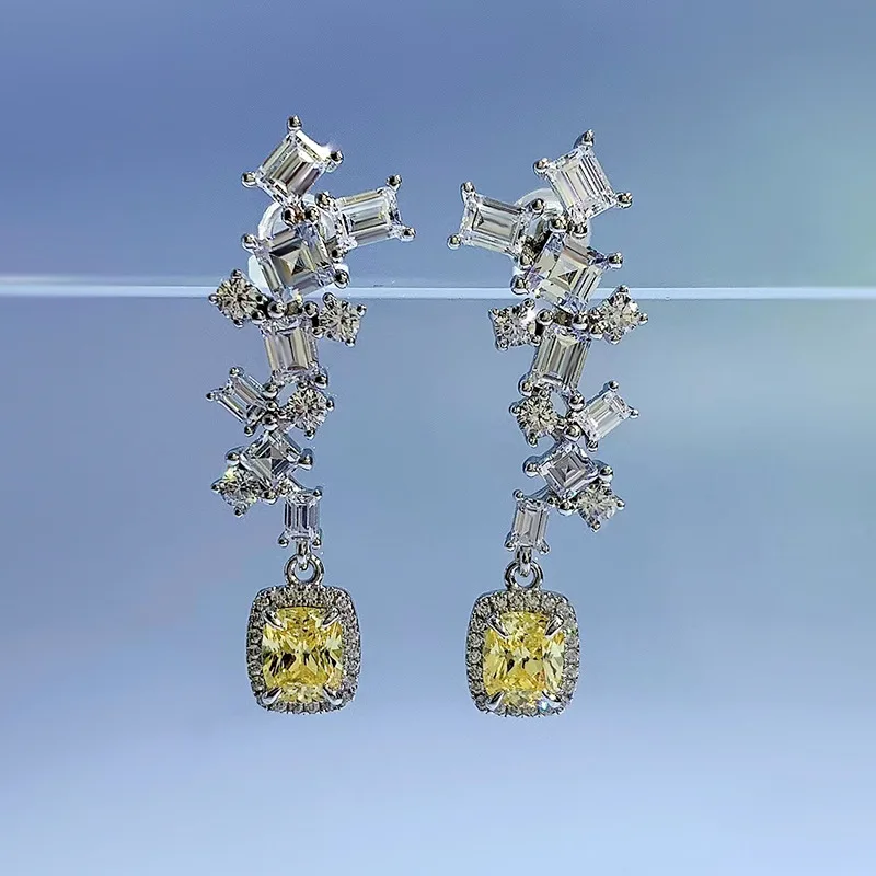 S925 sterling silver yellow diamond earrings, one carat ins, hot selling in Europe and America, long 5 * 6 earrings, hot selling