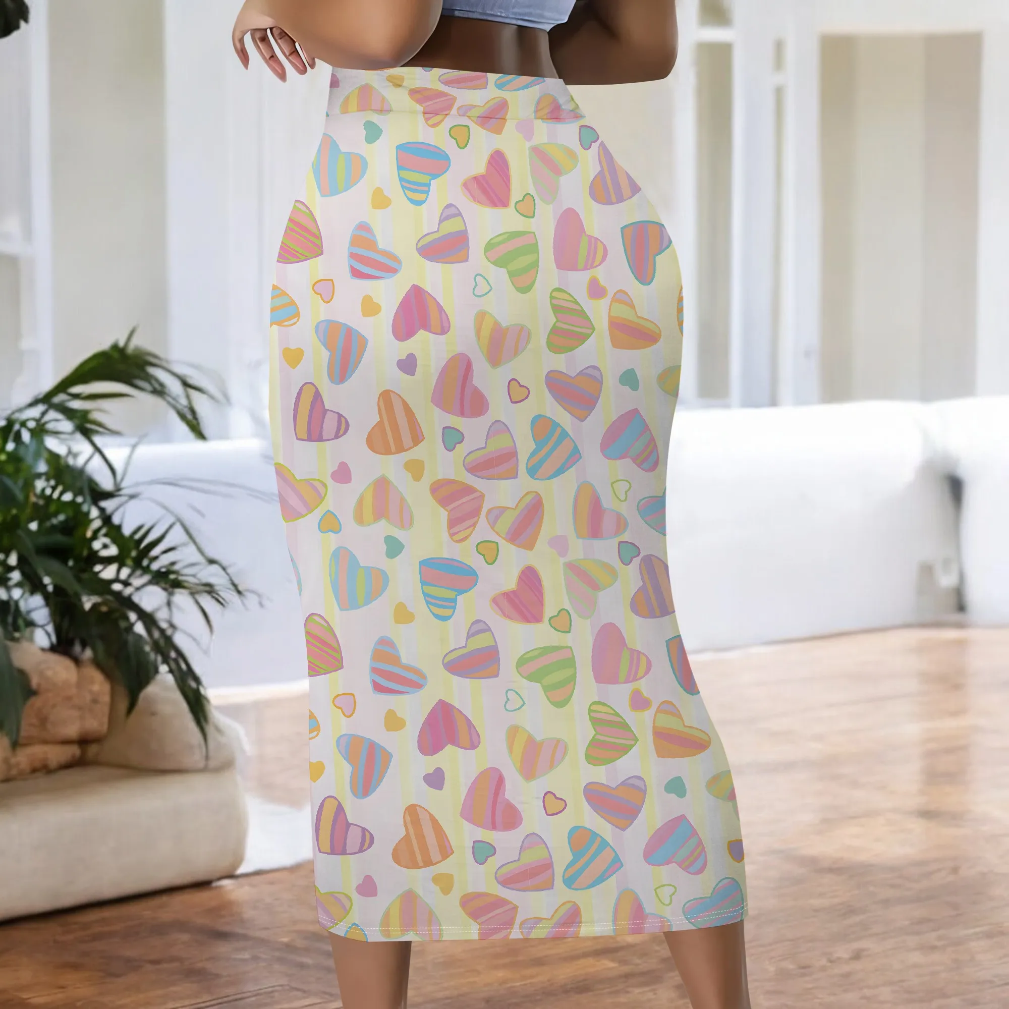 Pastellfarbener Midirock mit Herzprint, Regenbogenherzmuster, Bleistiftschnitt mit hoher Taille, lässige Sommerkleidung für Damen, S-2XL – Detail 6