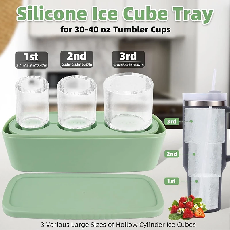 Molde de gelo do cilindro do silicone com tampa e bin, Bandeja de cubo de gelo para copo, Congelador, Bebida, Suco, Uísque