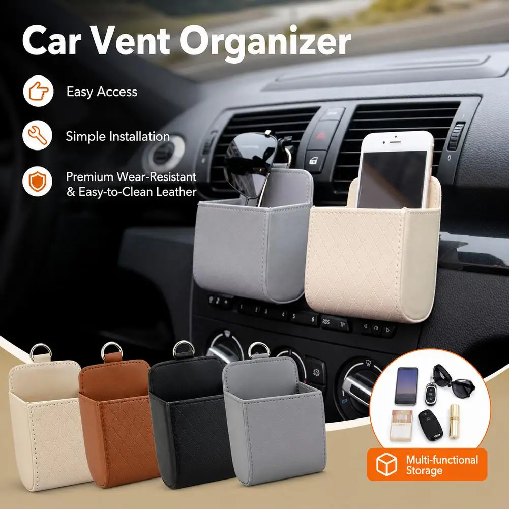 Car Air Vent Storage Bag Leather Car Organizer Pocket Diamond Stitched Cell Phone Holder for Car Air Vent Accessories