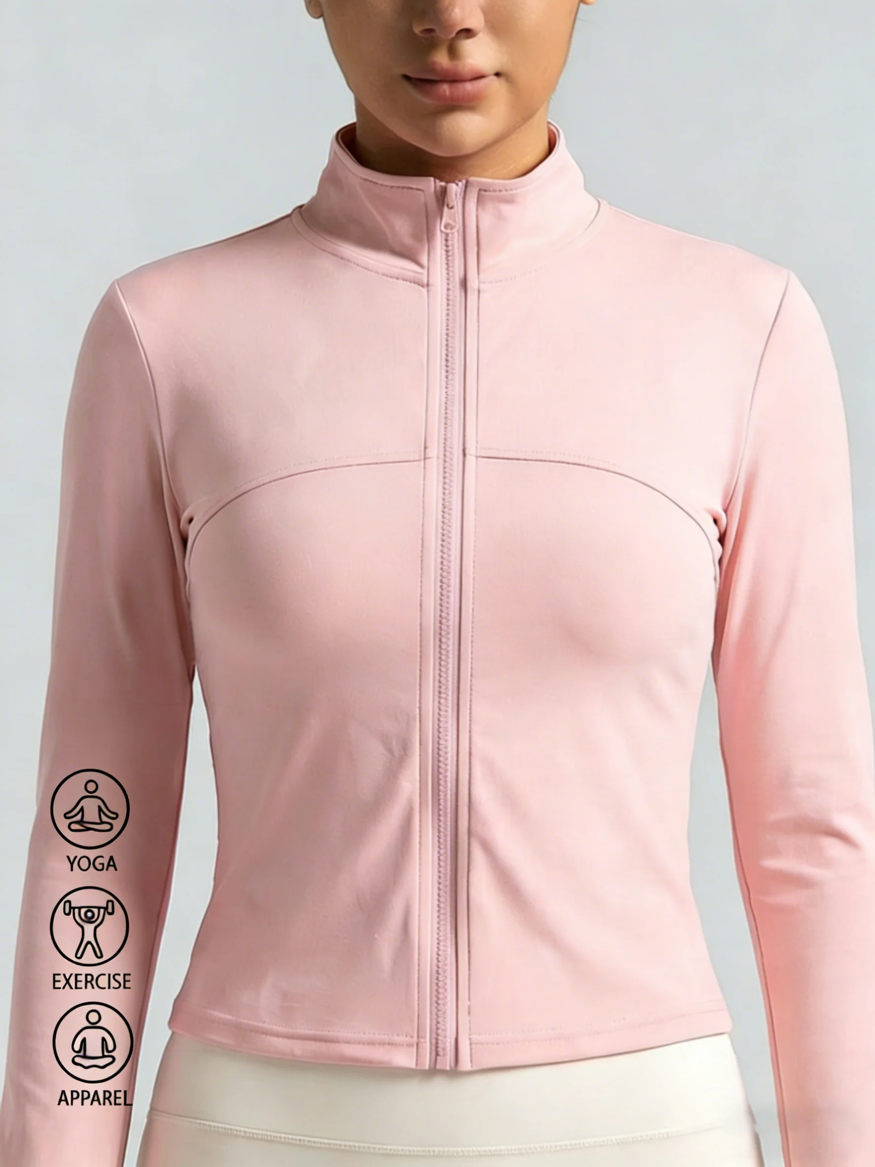 New Women Light Pink Yoga Coat Quick Dry Athletic Jacket with Zip Slim Fit Stand Up Collar Fitness Gym Workouts Outdoor Wear