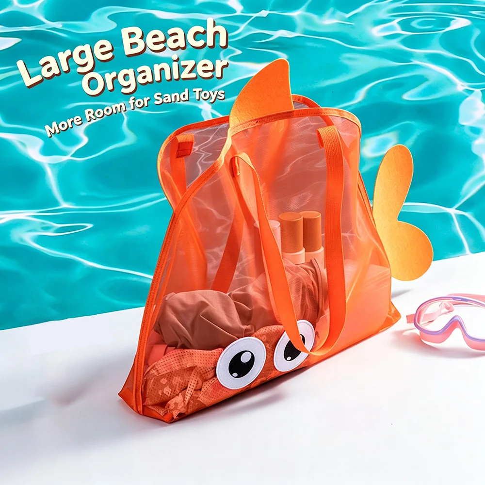 Kids Cartoon Mesh Beach Bag Foldable Large Capacity Sand Toy Storage Tote Lightweight Pool Swim Bag for Pool Gym Camping Travel