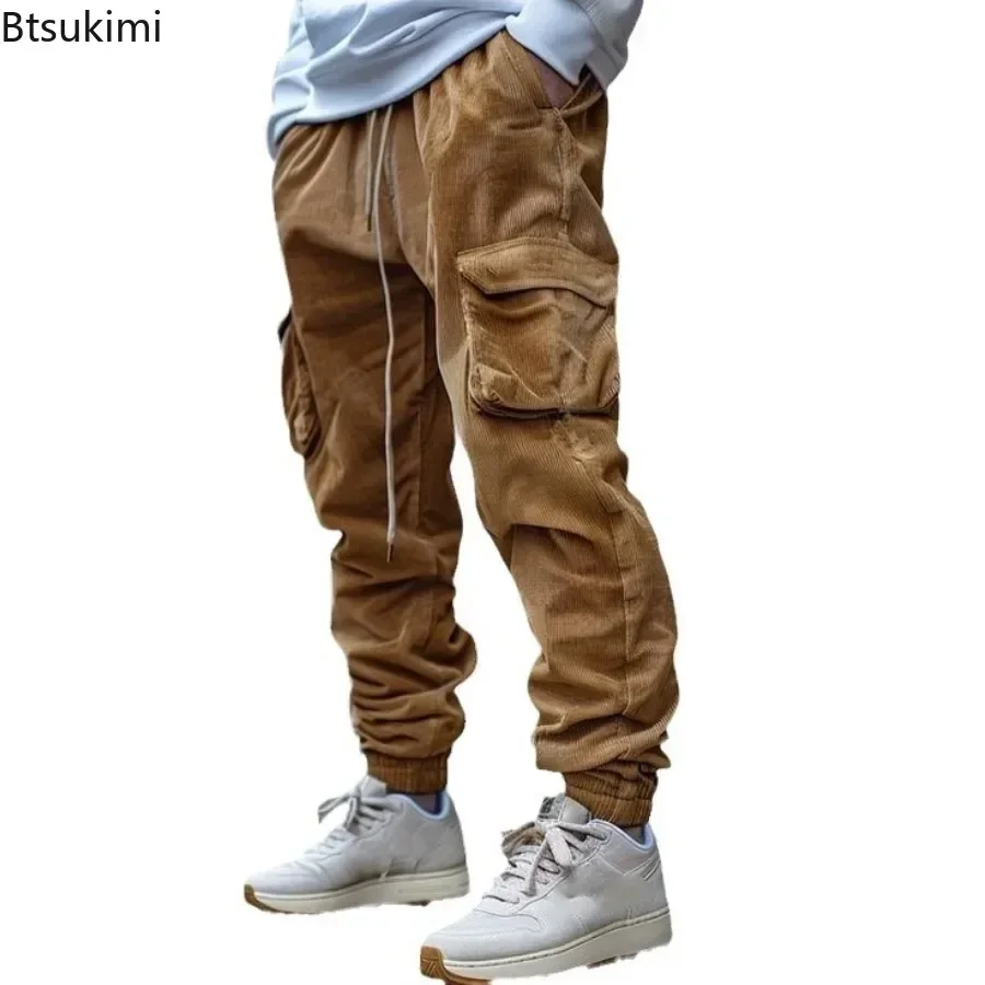 2025 Men's Corduroy Pants Loose Casual Vintage Cargo Pants Multi Pocket Design Men Drawstring Harem Trousers Joggers Sweatpants