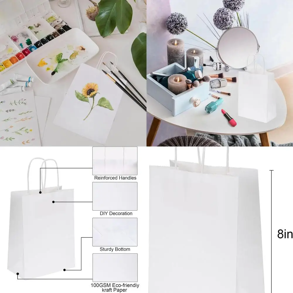 

6x3.25x8 Inch White Paper Bags with Handles - Bulk Pack of 300 for Party Favors, Shopping, and Merchandise