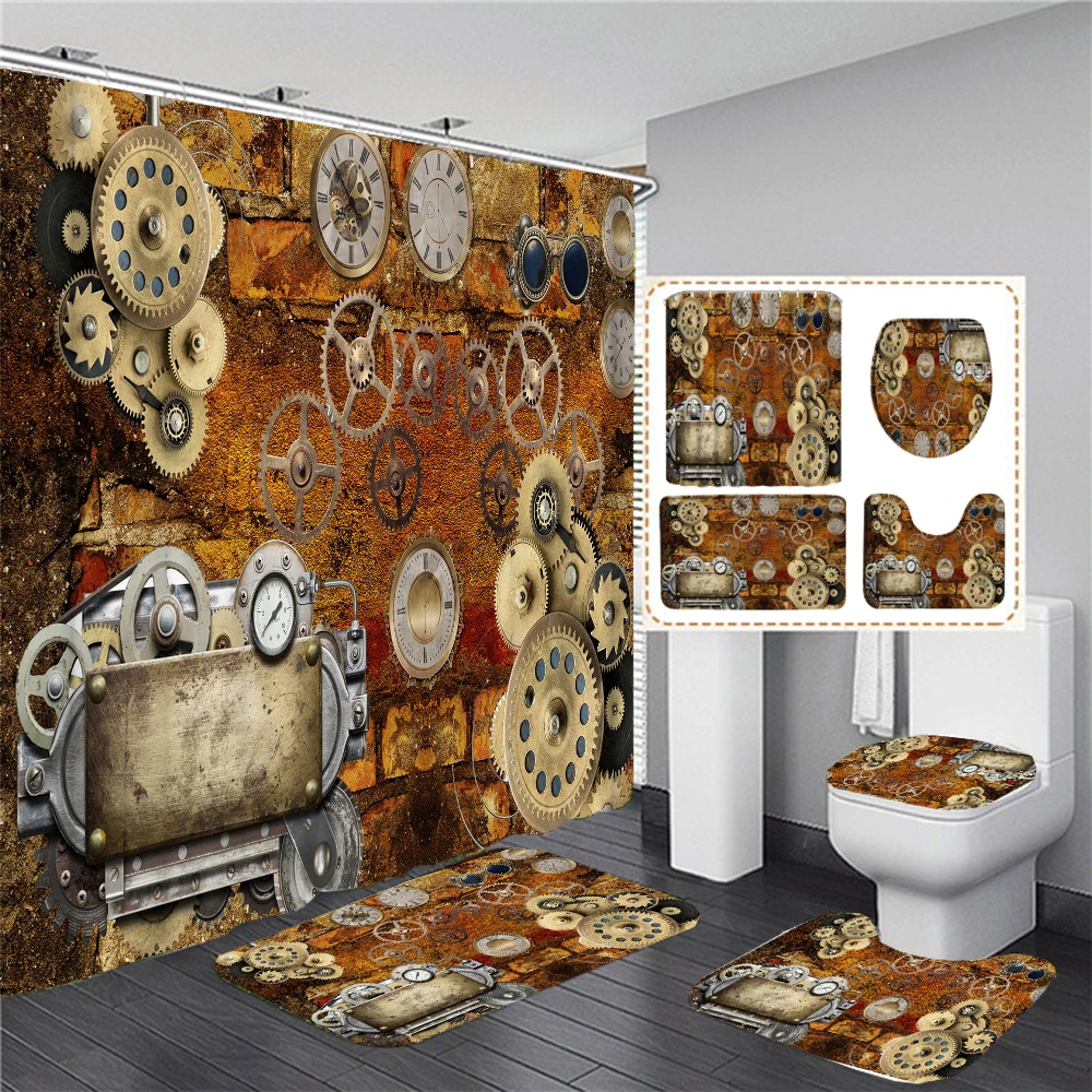 3D Vintage Steampunk Clocks and Gears Bathroom Shower Curtain Set Gothic Industrial Bath Mats Rugs Carpet for Toilet Accessories