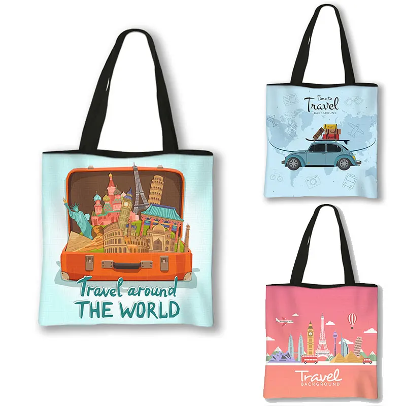 Travel Around The World Printing Shopping Bag Women Cruise To Travel Pattern Casual Tote Bags Large Capacity Shoulder Bag Gift