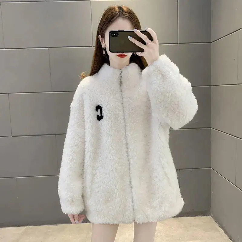 Winter Lamb Fleece Women\'s Coat Hoodie Fashion C Letter Harajuku Loose Plush Thickened Warm Zipper Sweatshirt Tops