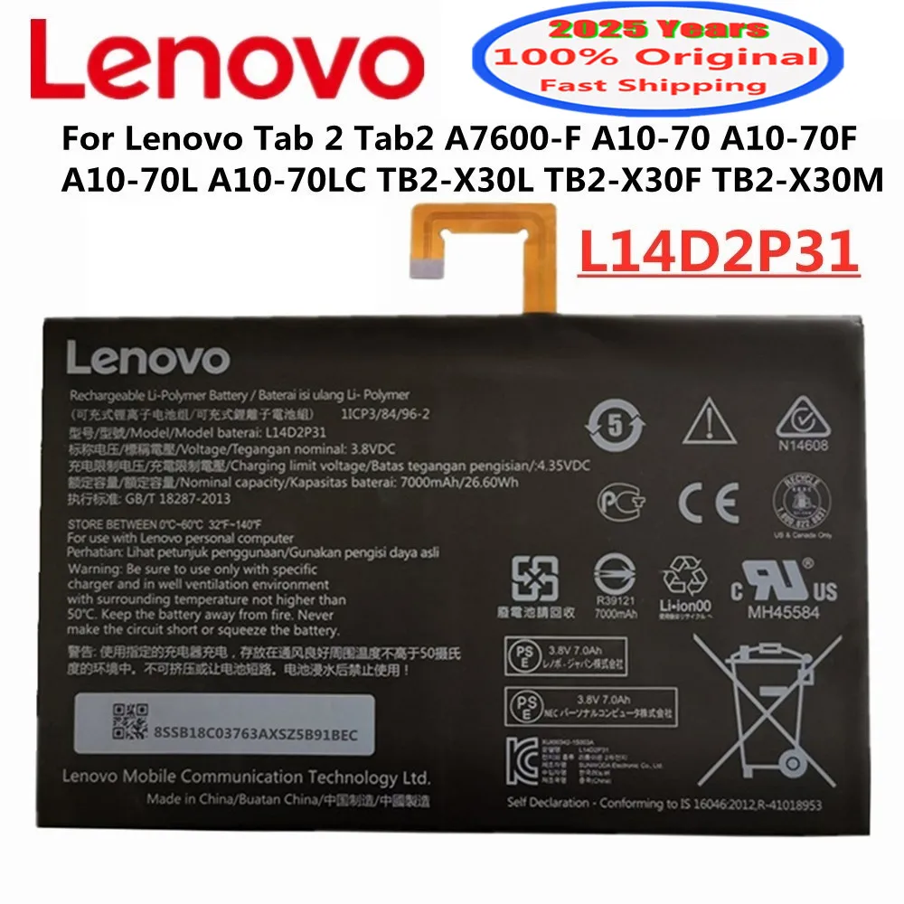 L14D2P31 100% Original Tab 2 Battery For Lenovo Tab2 Tab 2 A7600-F A10-70 A10-70F A10-70L A10-70LC TB2 X30L X30F Tablet Battery