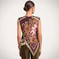 Fashion Floral Print Top With Fringe Trim For Women Vintage O-neck Sleeveless Asymmetric Hem Satin Blouse Lady 2026 Chic Tops - Image 2