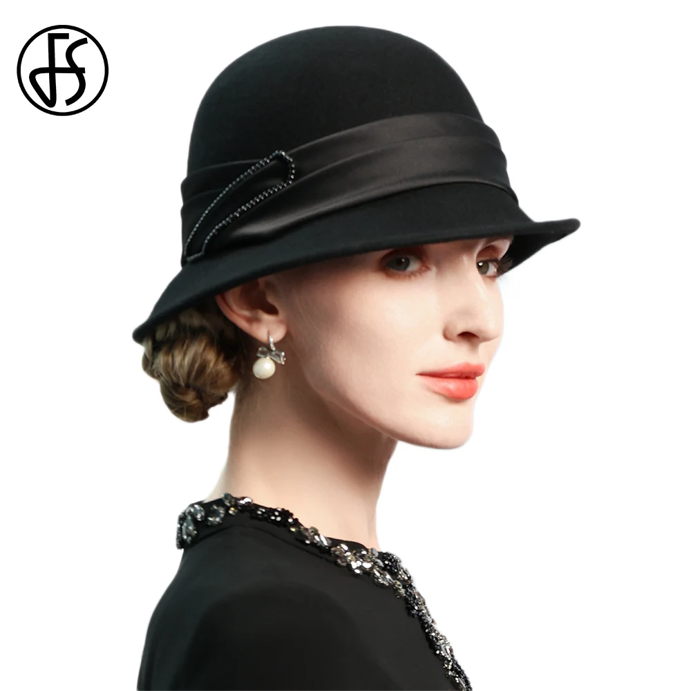 FS Elegant Black Wool Bowler Cap With Faux Pearls Fashion British Top Hats For Women Formal Dress Church Hat Vintage Millinery