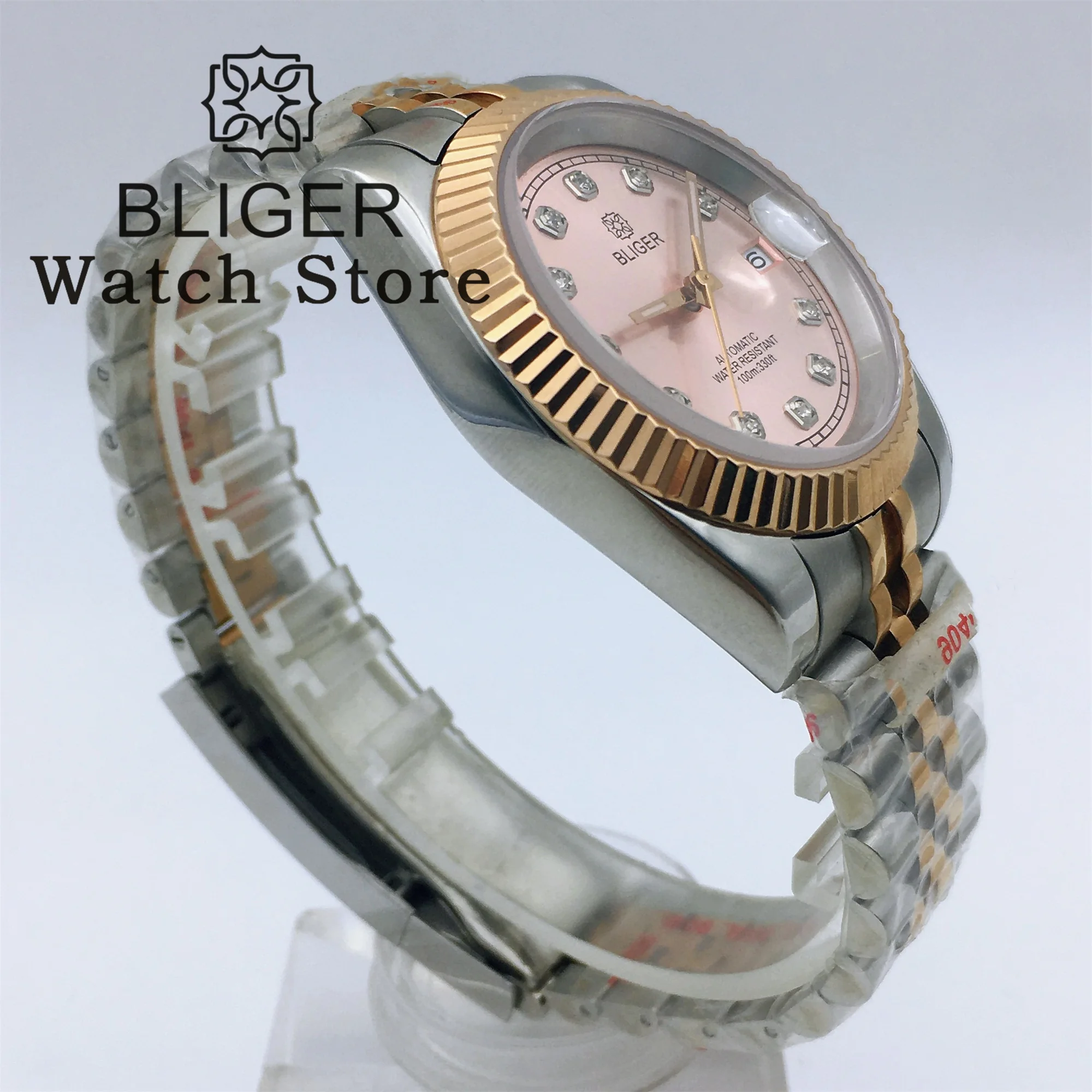 Автоматические механические водонепроницаемые часы BLIGER NH35 36 мм 39 мм для мужчин, серебристые, розовые, золотистые, двухцветные часы с сапфировым стеклом и автоматической датой