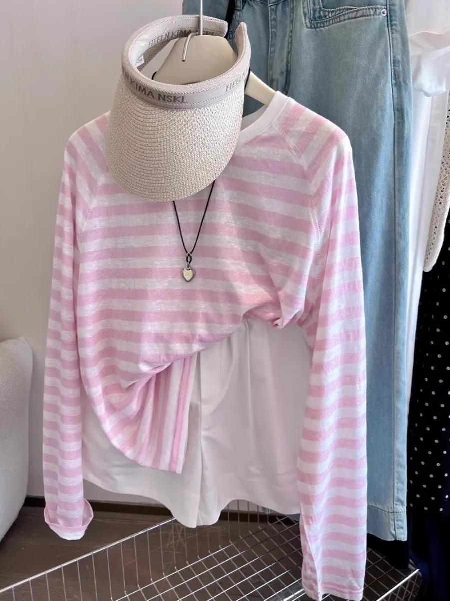 Bardzo Duży Rozmiar 300, Różowy w Paski, Długi Sweter, Damska Letnia Nowość, Elegancka Odzież Chroniąca Przed Słońcem, Mieszanka Bawełny