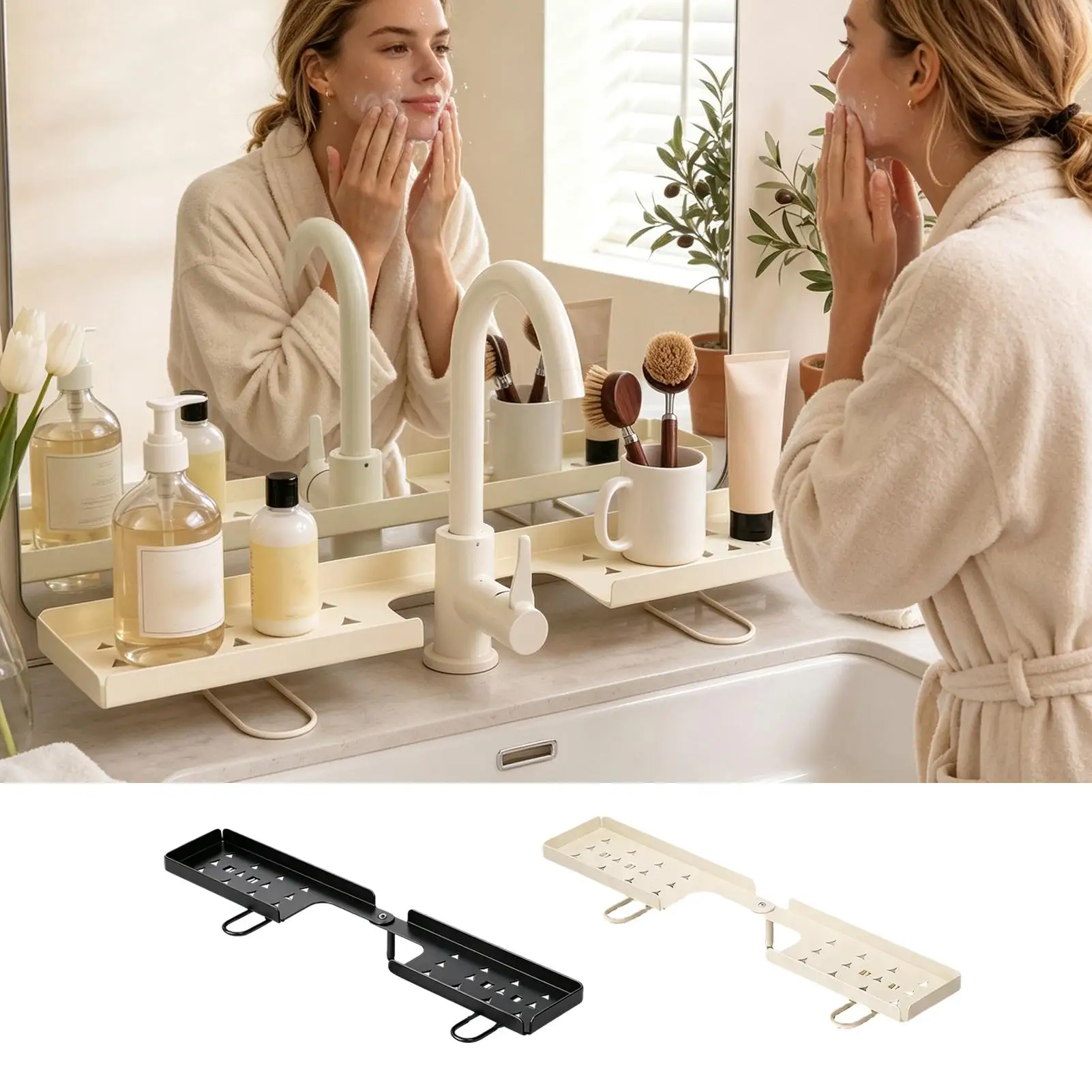 Faucet Shelf For Bathroom Sink No-Drill Faucet Foldable Soap Organizer Rack No Drill Over The Sink Shelf For Bathroom Kitchen