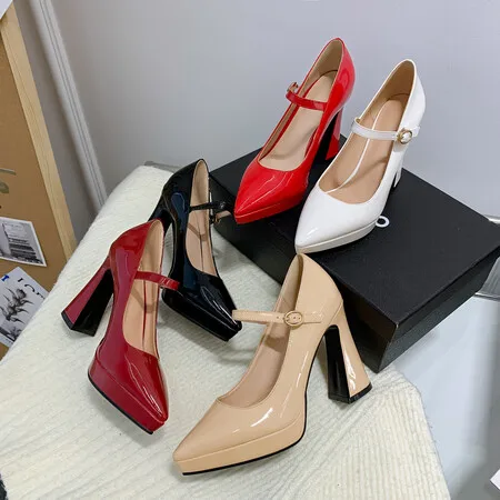 Oversize Large size Big size High-heeled shoes Pointed thick heel waterproof platform single shoes increase fashion