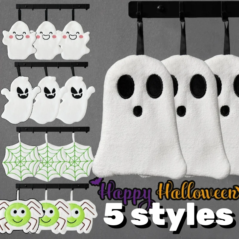 Ultra Absorbent Ghost Shaped Towel Halloween Bathroom Hanging Decor Coral Velvet Hand Towel with Fantasy Theme for Home Kitchen