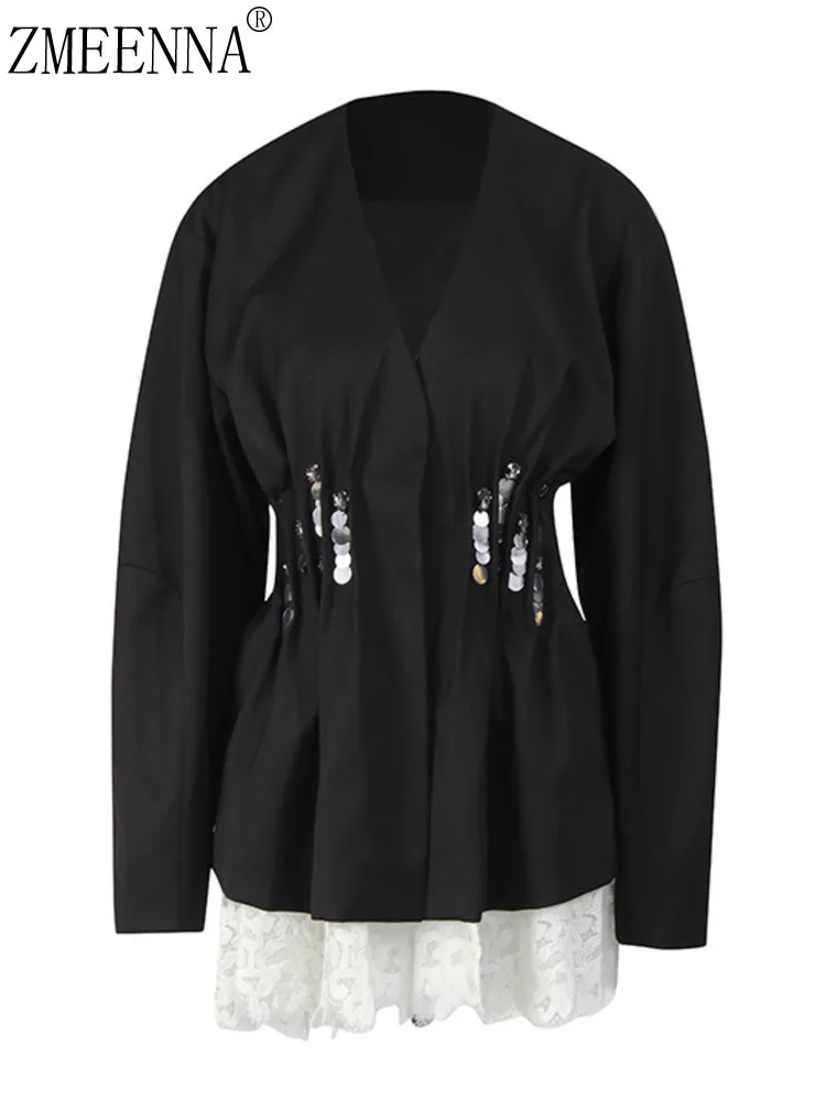 

ZMEENNA женский черный блейзер с v-образным вырезом и блестками и баской, повседневная блестящая куртка с длинными рукавами и украшением на талии, верхняя одежда ZM4510