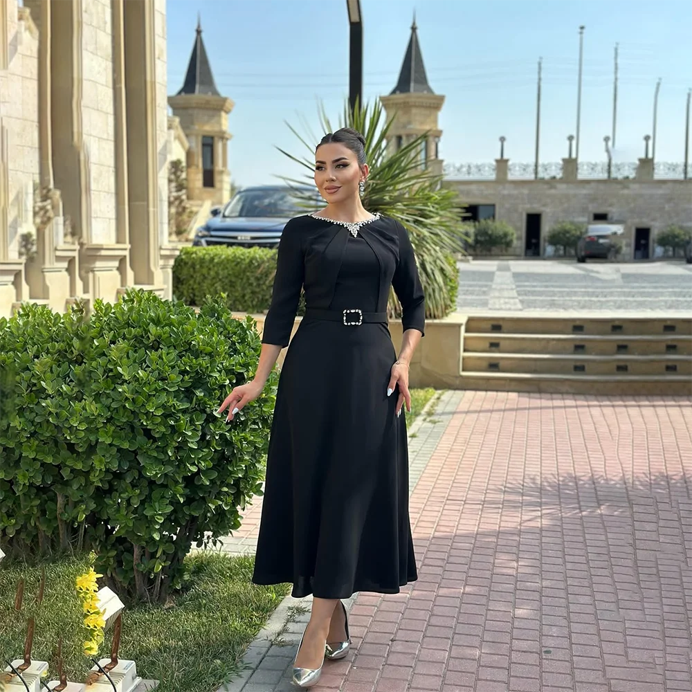 

Black Evening Dress for Woman 2025 O-Neck Half Sleeves A Line Evening Gown Crystal Belt Tea Length Formal Party Dress Customized