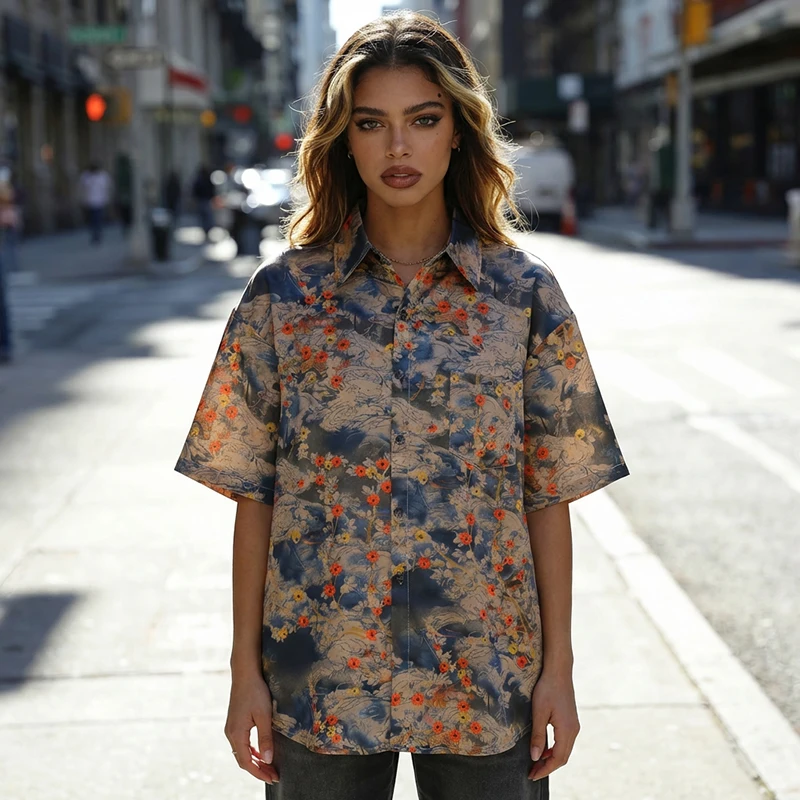 

Винтажная рубашка Y2K в стиле стритвир с цветочным принтом и облачным узором, на пуговицах, мужская, в стиле Харадзюку, гранж, хип-хоп, летняя, повседневная, эстетичная, новинка