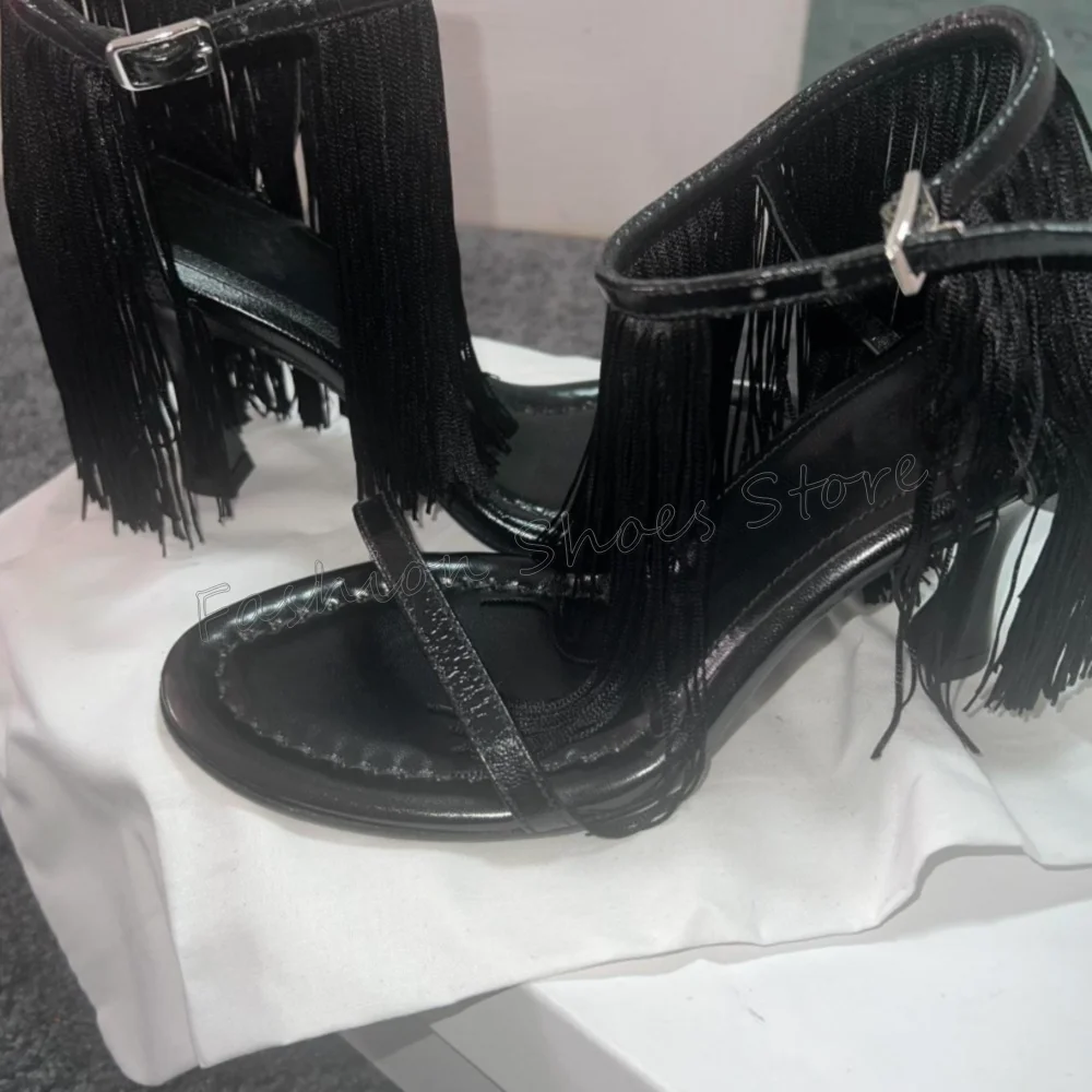 

Black Tassels Decor Round Toe Sandals Open Toe for Women Stilettos High Heels Fashionable Dinner Party 2025 Zapatos Para Mujeres