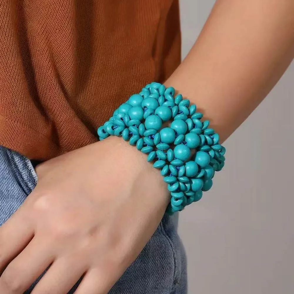 1 قطعة/الوحدة موضة خمر البوهيمي سحر الخرز الخشبي متعدد الألوان مرونة أساور للنساء مجوهرات اكسسوارات الحفلات هدايا