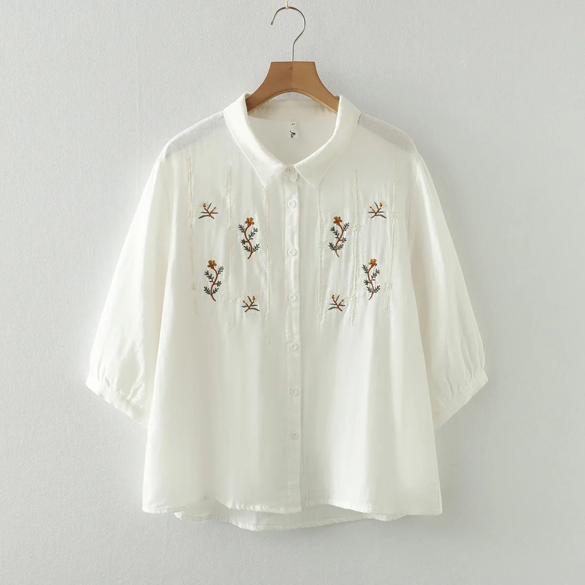 New Summer Cotton Yarn Casual Shirt Women Lapel Short Sleeve Embroidery Tops Girl Loose Sweet OL Blouses 2024 Autumn T45820QC