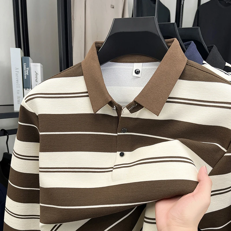 

Роскошная мужская осенняя рубашка поло высокого качества, новая модель, универсальная футболка в полоску с лацканами, деловая модная мужская одежда для отдыха, топы