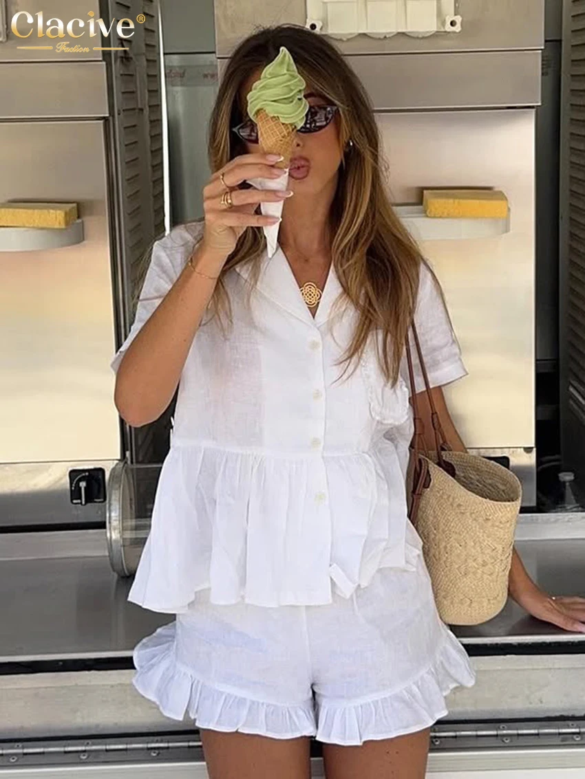 

Clacive Summer Loose White Cotton 2 Piece Set Women 2026 Fashion Short Sleeve Shirt With High Waist Shorts Set Female Clothing