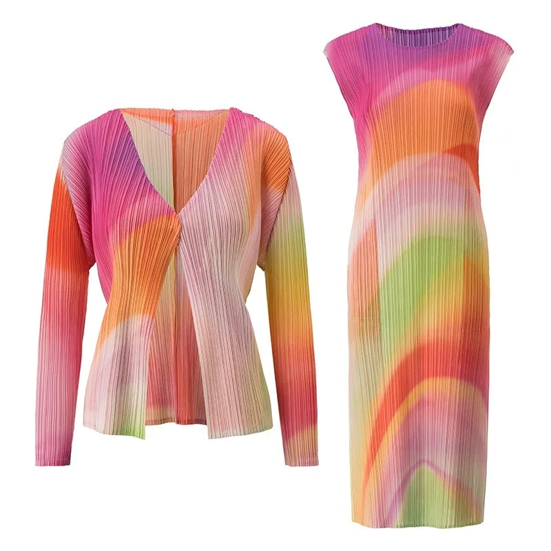 

Miyake 2026 New Pleated Cardigan Jacket Fashion Colorful Dopamine Print Elegant Slimming Vacation Travel Women's Fold Dresses