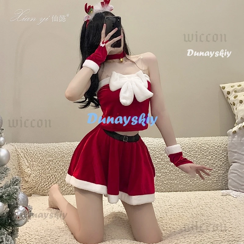 Natal feminino vestido papai noel traje floco de neve headwear luvas sexy vestido uniforme quente roupas de pelúcia trajes cosplay