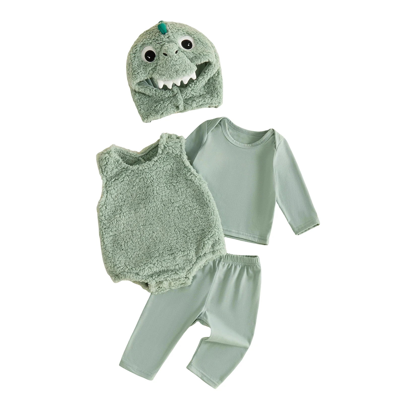 Halloween Baby Dinosaur Costume, Long Sleeve T-shirt Furry Romper Pants Hat