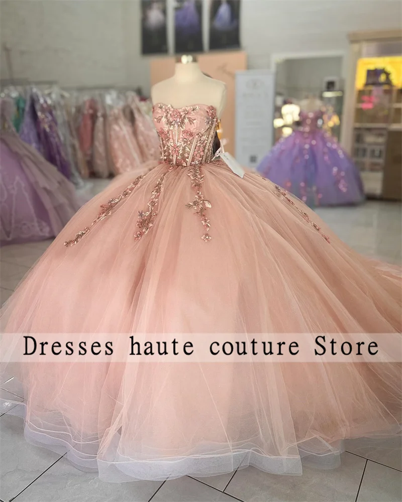 Princess Flowers Light Pink Tulle Quinceanera Dresses Off The Shoulder Ball Gown Sweet Sixteen Dress Wedding Gowns Customized