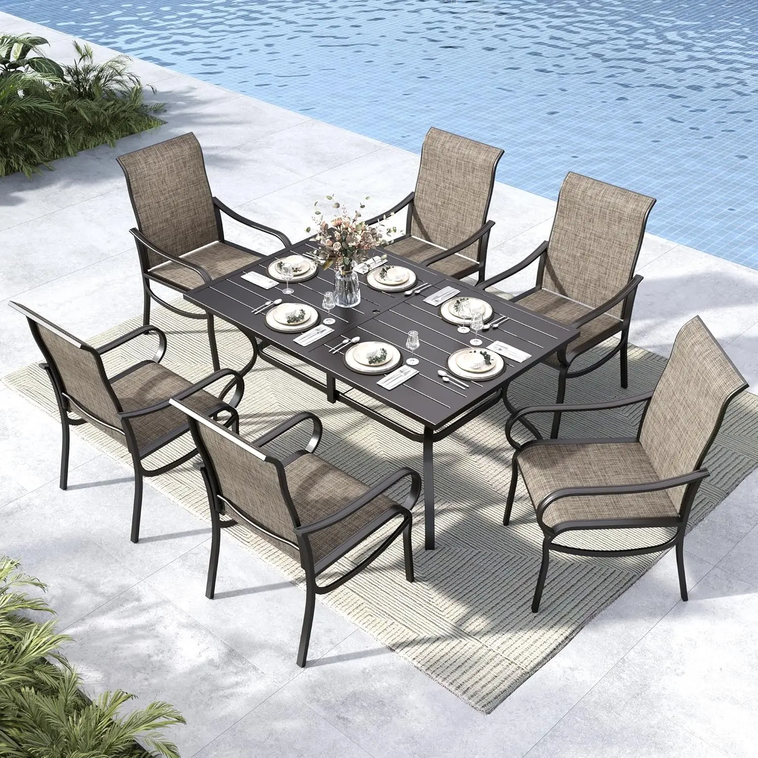 

Обеденный набор для патио из 7 предметов: стол и стулья для улицы с отверстием для зонта, для террасы, двора, зоны у бассейна, с возможностью индивидуальной настройки