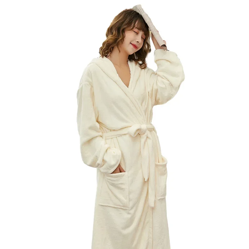 Coral Velvet Bathrobes for Women Long with Hood Autumn Winter Solid Plush Microfiber Bath Robe Sleepwear Home Bathroom Clothes