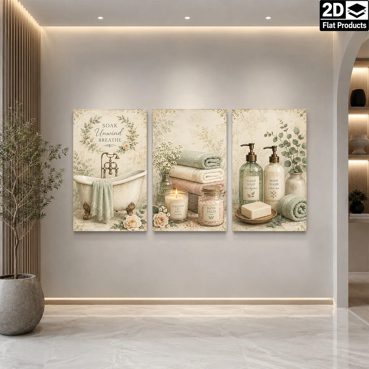 Frameless canvas 2D Flat 3PCS - Three panels with vintage bathroom elements like tub towels soaps and plants Themed Canvas Wa
