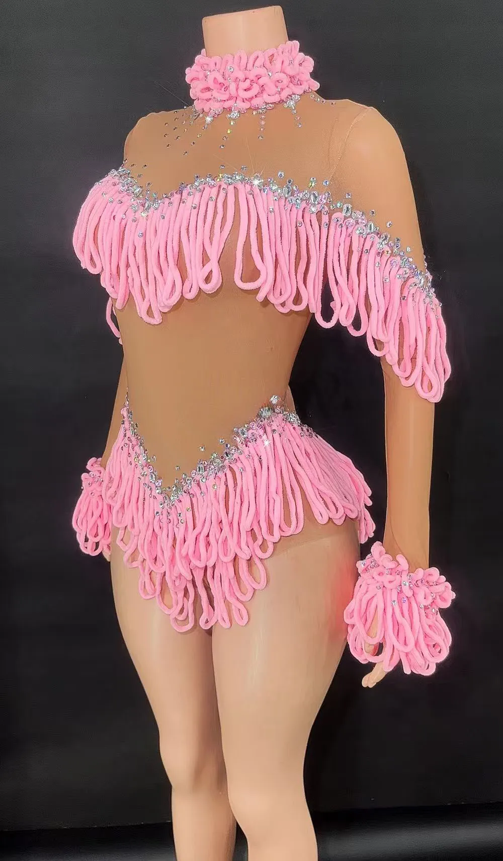 بدلة للجسم بشراشيب من حجر الراين اللامع للنساء، أكمام طويلة، شبكة مثيرة، شفافة، زي رقص الأداء، ملابس المسرح