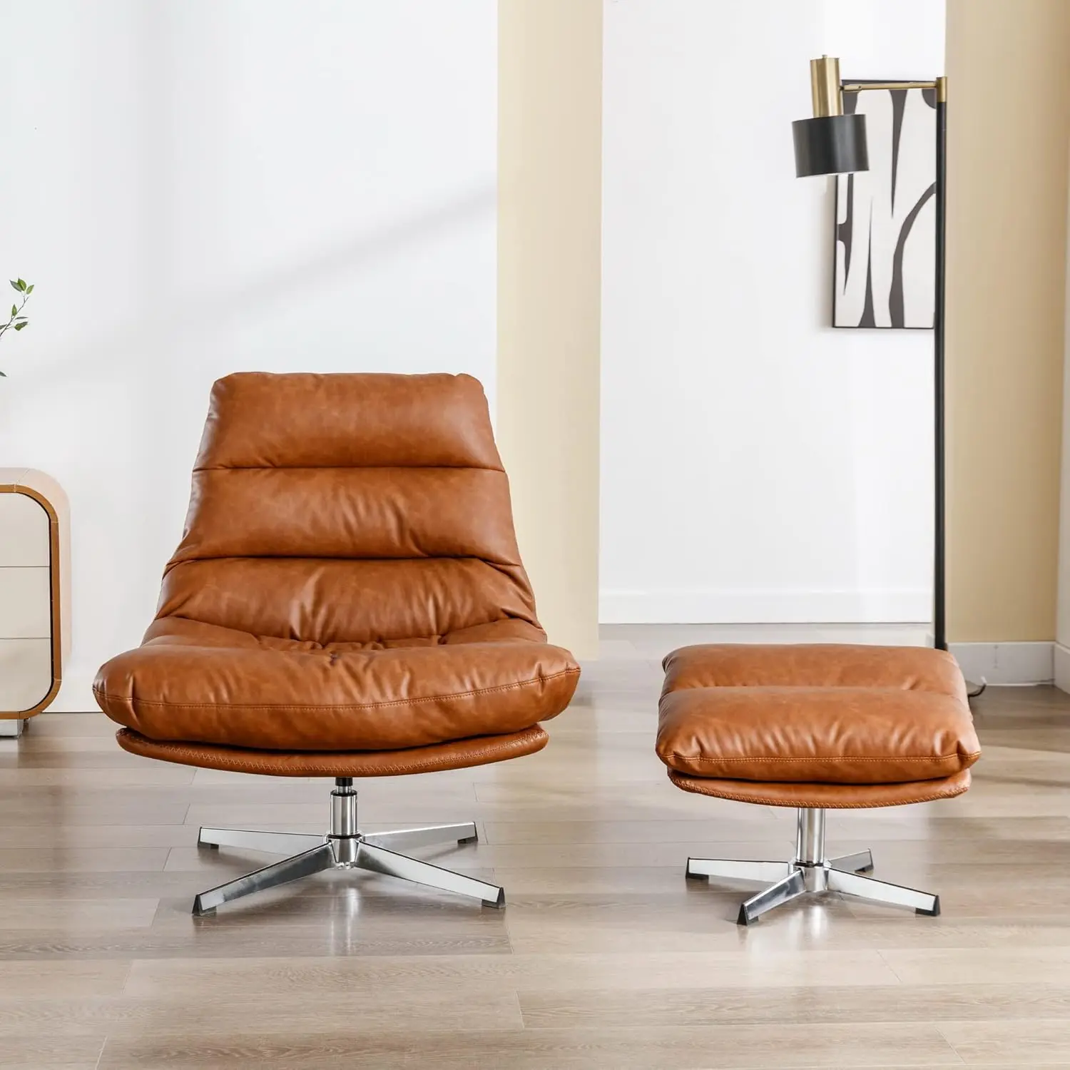 Comfy Accent Swivel Lounge Chair with Ottoman, Faux Leather Upholstered Oversized Club Chair, for Living Room/Bedroom, Brown