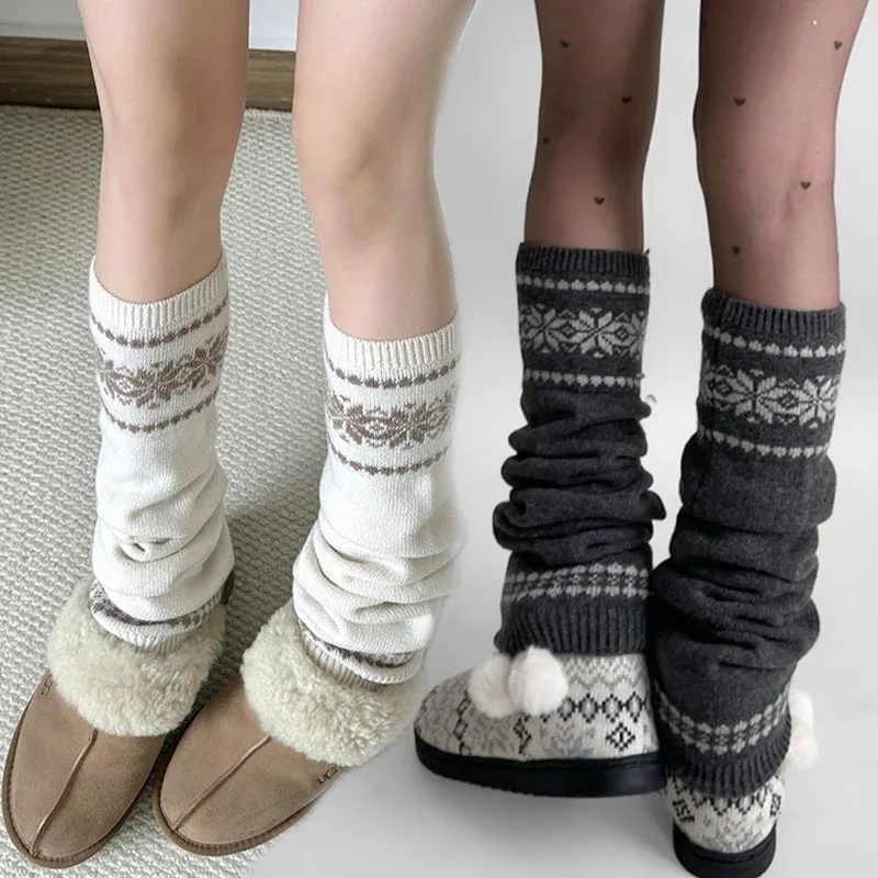 

Gray White Retro Knitted Leg Warmers Autumn Winter Slim Soft Warm Snowflakes Ankle Socks Ins Styles Lolita Boot Cuffs Leg Cover