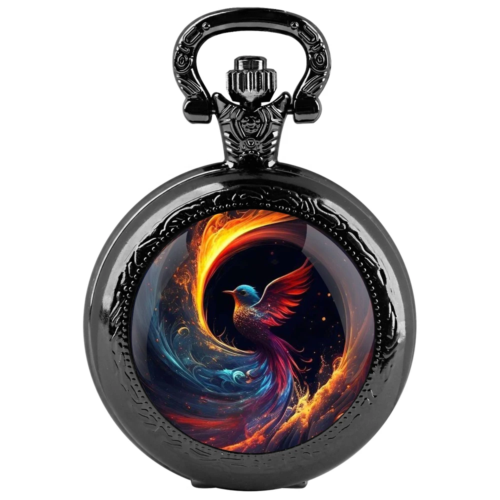 Colorful Bird Glass Dome Black Quartz Pocket Watch with Arabic Numerals Dial and Durable Chain Retro Gift for Men Women