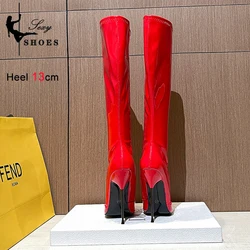 2023 Spring/Autumn Long Boots for Women Pointy Toe Thin Heels Stripper Shoes Patent Leather Zipper Brand Designer Knee-High Boot