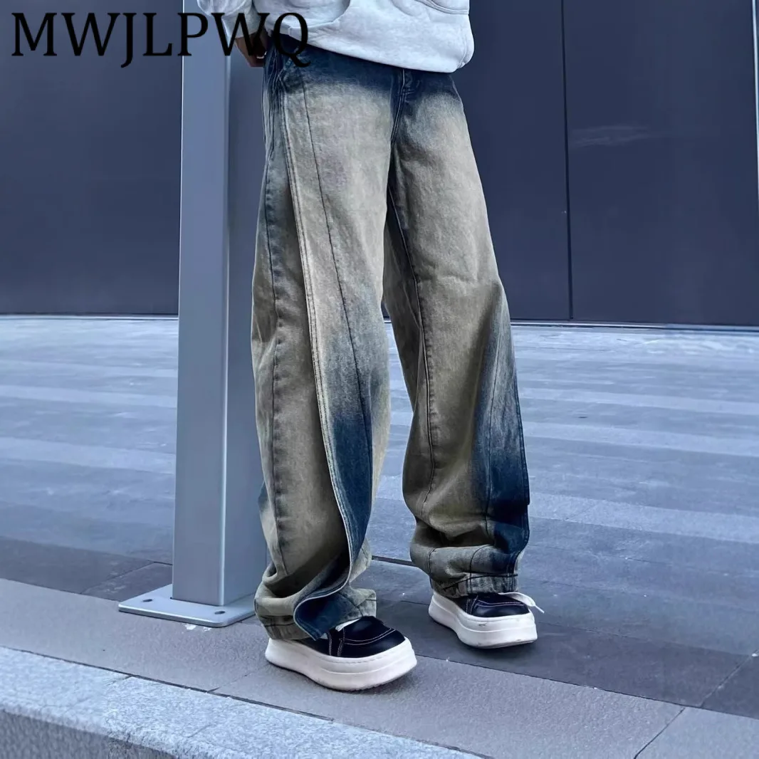 

MWJLPWQ Cleanfit постепенные синие джинсы мужские модные лоскутные свободные прямые брюки-карго в американском стиле High Street 12010