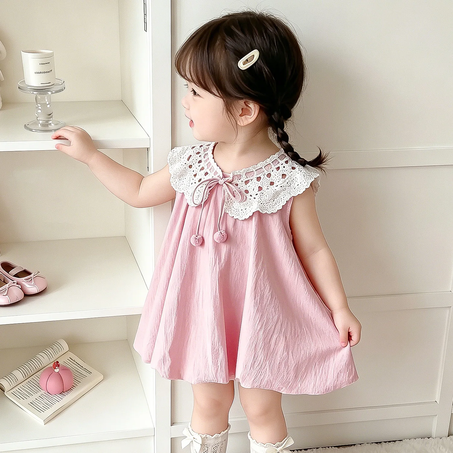 1-5 Years Old Pink Sweet and Cute Baby Girl Vest Flower Bud Dress Korean Version Casual Summer