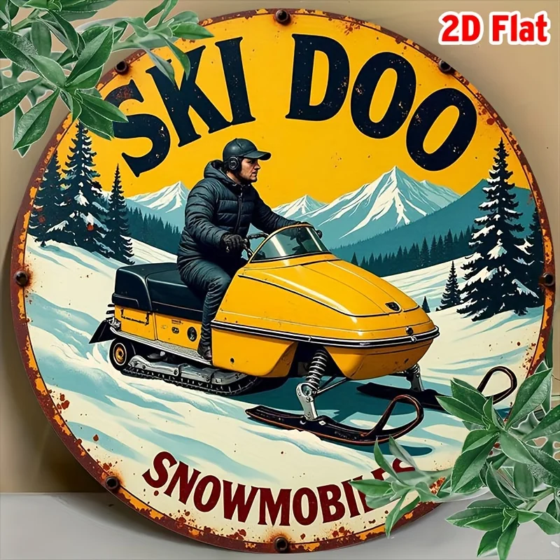 2D Flat, [Round 1pc Vintage Ski Doo Snowmobile Logo Metal Plaque - 7.8x7.8 Inch Round Aluminum Wall Decor with Rustic Winter
