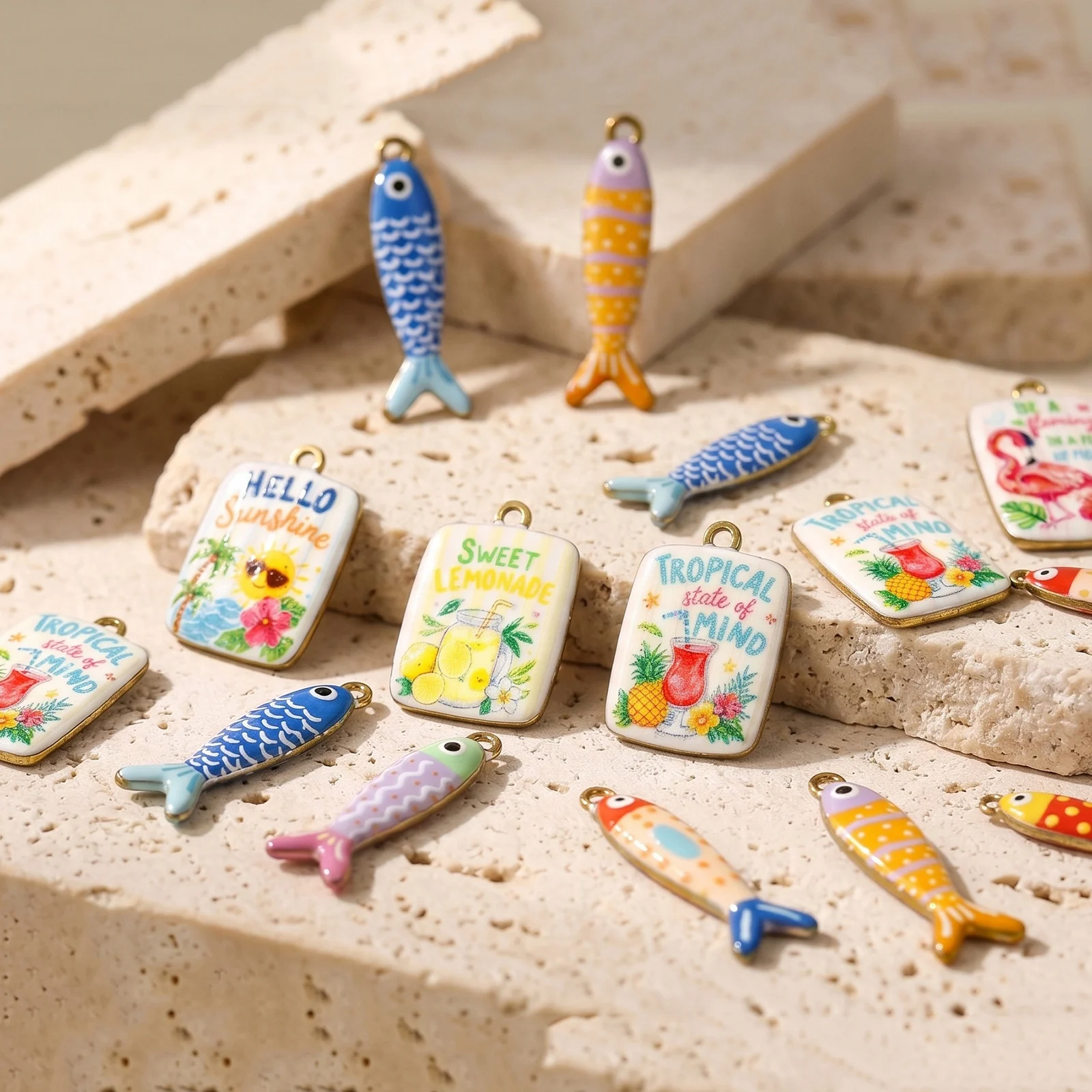 Resin Art Necklace - 2pcs Multicolor Double-sided Enamel Charms Fish