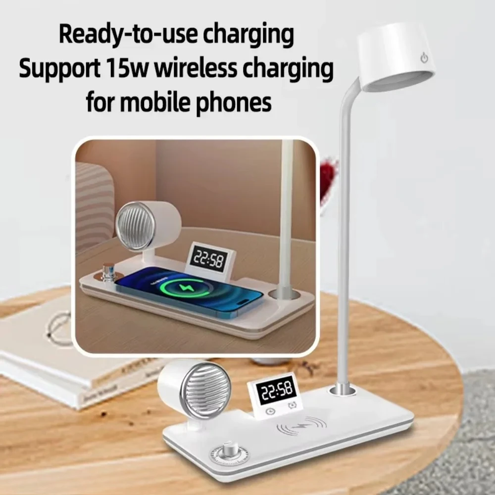 LED Table Lamp USB Port Bluetooth Multifunction Wireless Charger Pad Stand Clock For Bedroom Bedside Decor Lighting Table Light